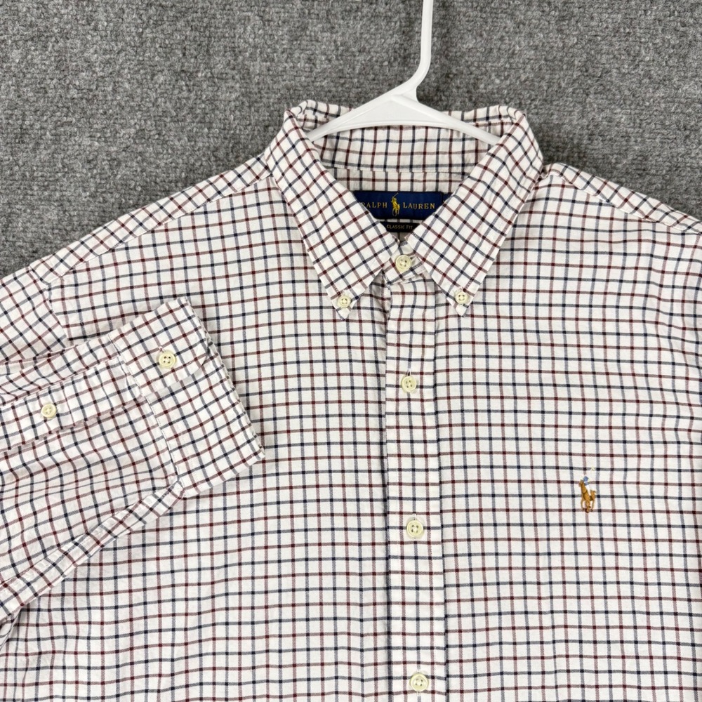 Ralph Lauren Classic Fit Button Down Shirt Men XL White Plaid Cotton Long Sleeve